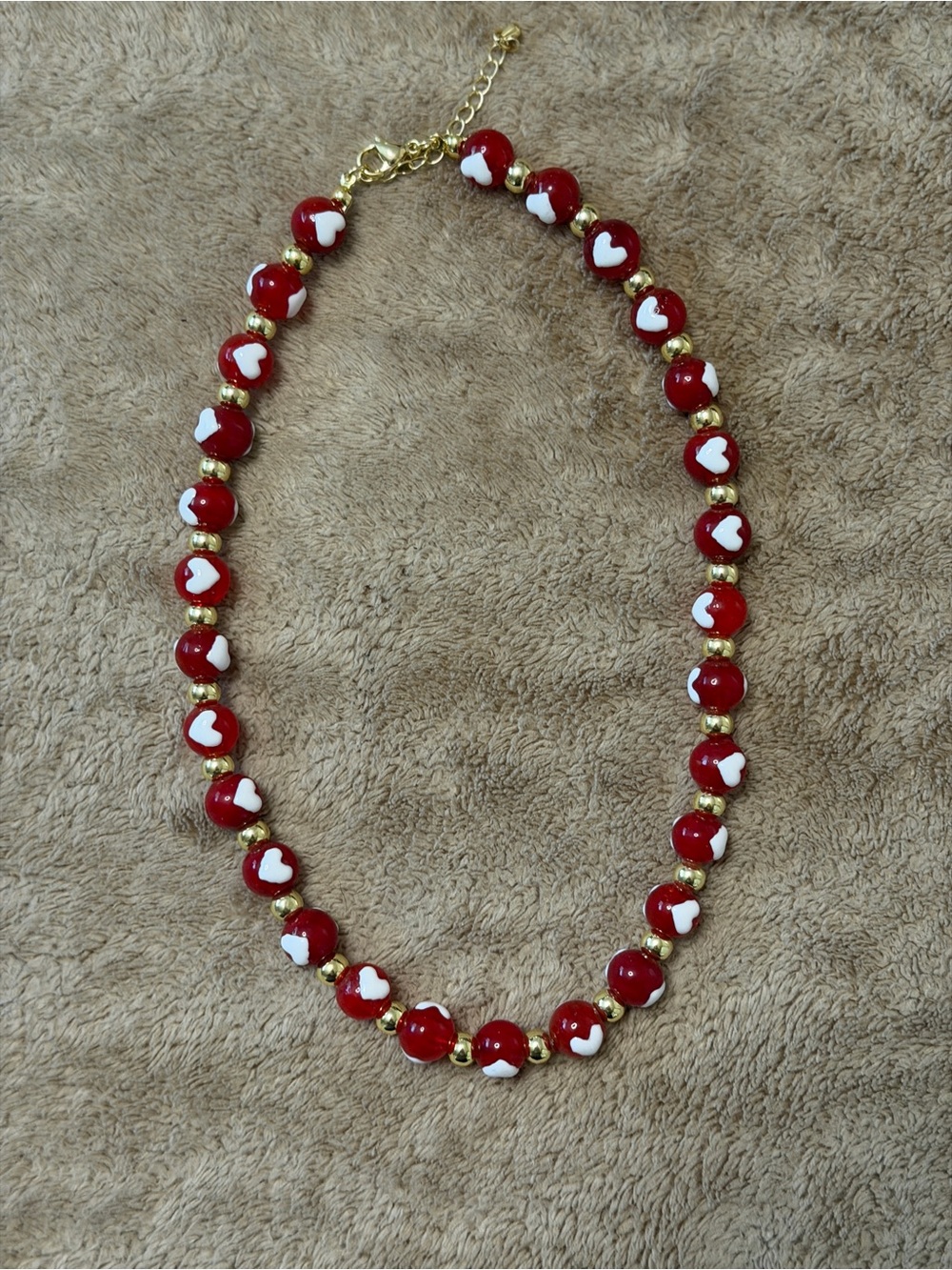 Red Heart Bead Necklace with Gold Accents - Women Jewelry